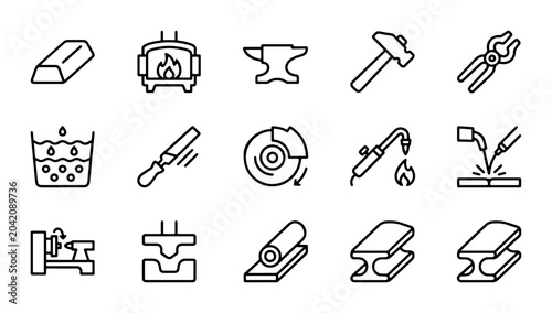 Fotografija Blacksmithing Tools and Equipment Icons, Metalworking Forge, Anvil, Hammer, Plie
