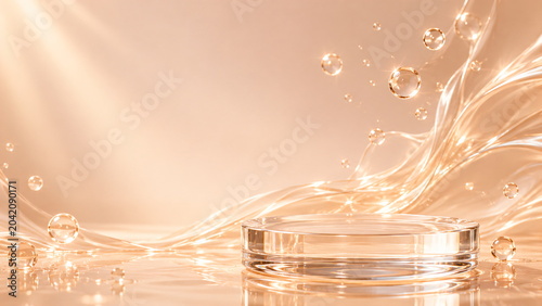 Elegant Transparent Podium with Flowing Nude Silk and Glass Sphere Luxury Display Background