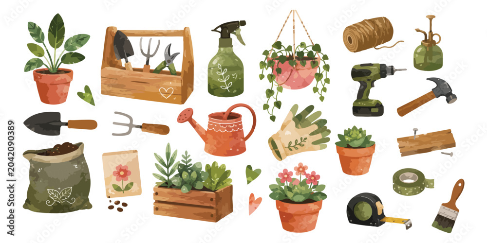 Obraz premium Watercolor gardening tools and potted plants elements
