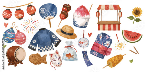 Foto Watercolor Japanese summer festival traditional matsuri elements