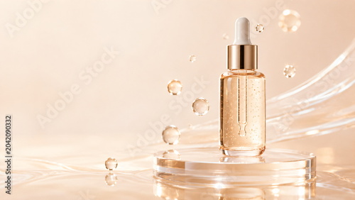Luxury Cosmetic Serum Dropper Bottle on Transparent Podium with Floating Golden Bubbles