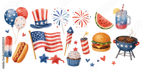 Schilderij op canvas Watercolor 4th of July elements and Independence Day decorations