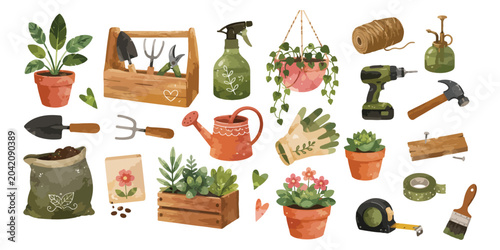 Quadro su tela Watercolor gardening tools and potted plants elements