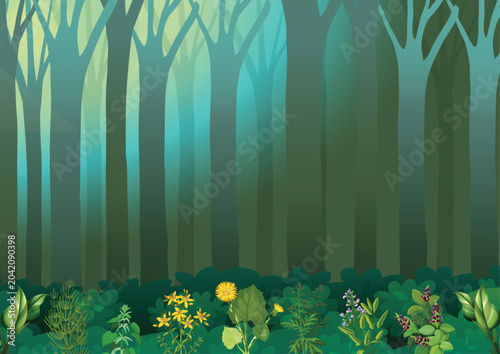 beautiful forest illustration features lush green trees, wild plants, and colorful flowers, creating a peaceful natural woodland scene. Perfect for nature-themed projects, children's books.