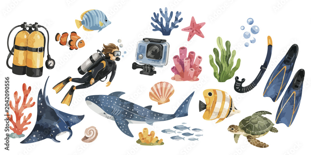 Obraz premium Watercolor scuba diving equipment and underwater marine life elements