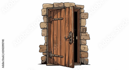 An old wooden door, slightly ajar, set into a rough stone wall
