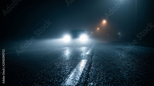 Nighttime driving on a dark asphalt road with oncoming car headlights and fog.