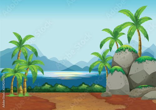 Tropical island landscape illustration featuring lush palm trees, rocky cliffs, calm blue water, and distant mountains in a vibrant natural setting. Perfect for travel and tourism promotions.