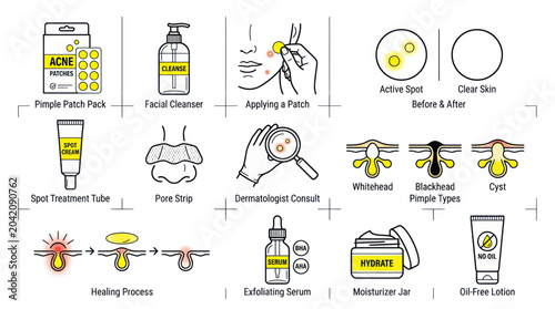 Quadro su tela Acne Skincare Routine: Pimple Patches, Cleanser, Spot Treatment, Serum, Moisturi