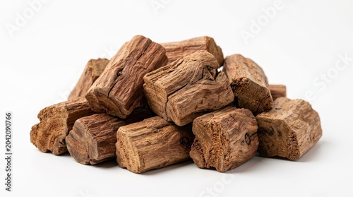 A pile of sandalwood wood pieces against a white background