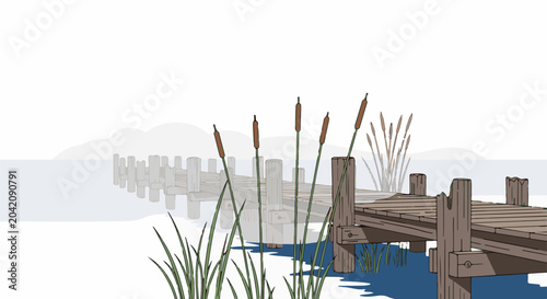 A wooden dock extends into a misty, calm body of water with cattails