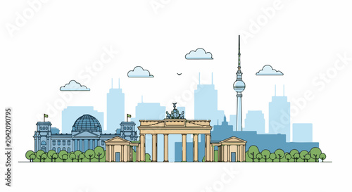 Stylized city skyline with iconic landmarks and a tall tower