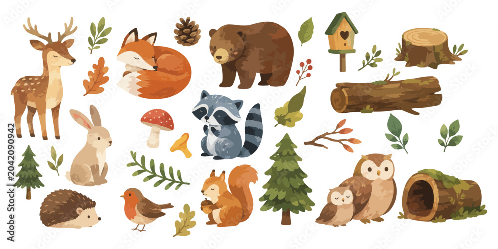 Obraz premium Watercolor cute woodland animals and forest elements