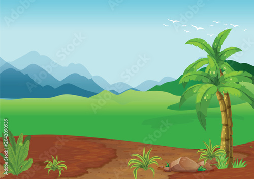 Beautiful tropical landscape illustration featuring palm trees, green fields, rolling hills, and distant mountains under a clear blue sky. Perfect for travel, tourism, nature presentations.