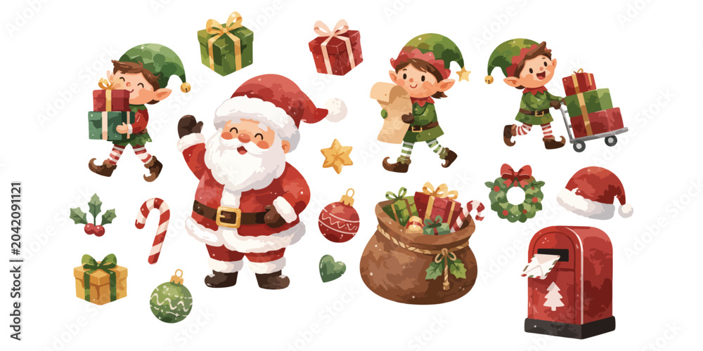 Fototapeta premium Watercolor Santa Claus and cute Christmas elves characters