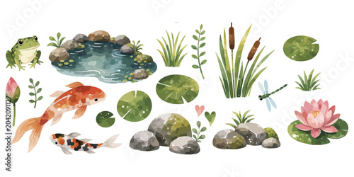 Valokuva Watercolor pond elements and koi fish