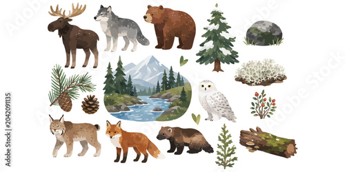Foto Watercolor forest wildlife animals and nature elements