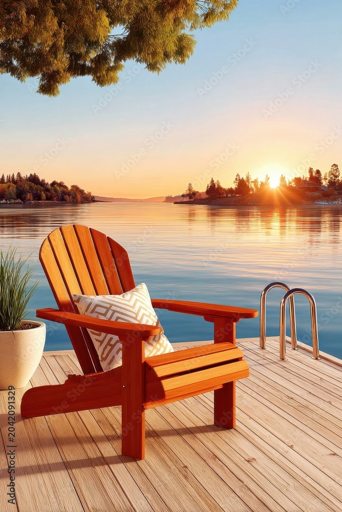 Obraz premium Wooden Adirondack chair on a lakeside dock at sunset with calm water and warm light