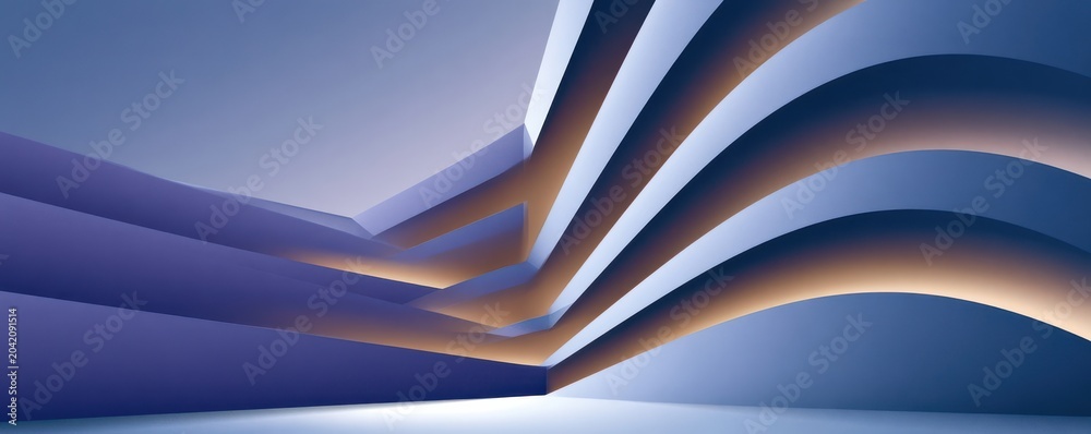 Fototapeta premium Abstract layered architecture with curved waves, warm lighting and modern minimal interior design