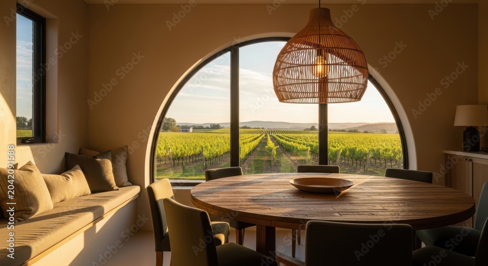 Fototapeta premium Cozy outdoor dining area with scenic countryside view