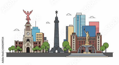 Stylized cityscape illustration with monuments, skyscrapers, and trees