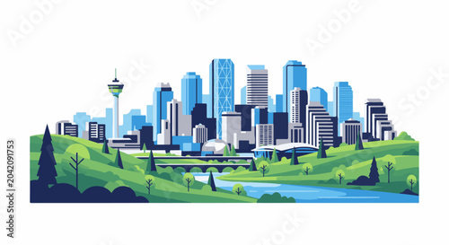 Stylized cityscape with skyscrapers, bridge, river, and green rolling hills