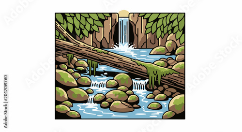 Stylized illustration of a forest stream with a fallen log and waterfall