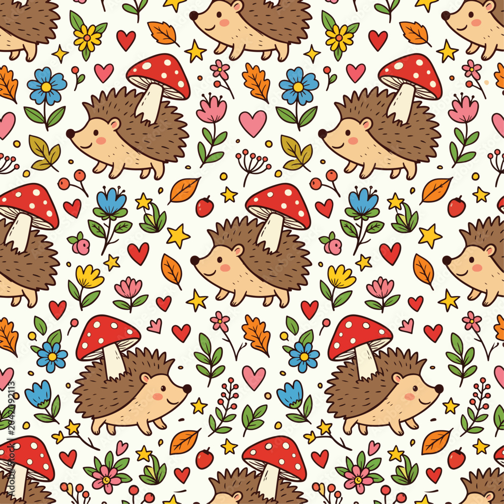 Obraz premium Cute Hedgehog Vector Pattern with Mushrooms Flowers and Hearts in Whimsical Organic Style
