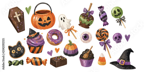 Quadro su tela Watercolor Halloween sweets and spooky treats elements