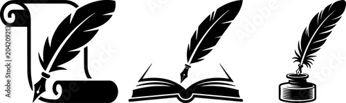 Foto Quill pen and inkwell vector silhouettes set