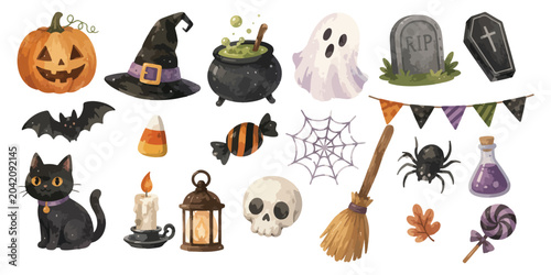 Slika na platnu Watercolor Halloween spooky decorations and magic witch elements