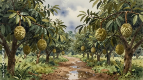 Watercolor painting of a Thai durian orchard after tropical rain with vibrant green trees and reflective puddles