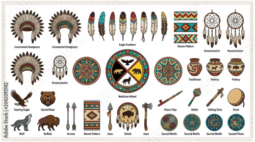 Fotografie Native American Cultural Symbols: Feathers, Dreamcatchers, Pottery, Totems, and