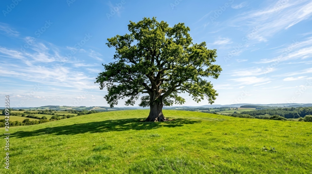 Fototapeta premium Beautiful natural landscape of a majestic tree in an open rural field.