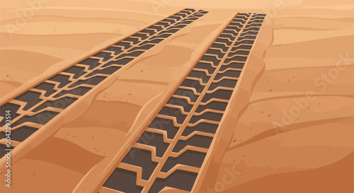Tire tracks imprinted in dry sand, suggesting off-road vehicle passage