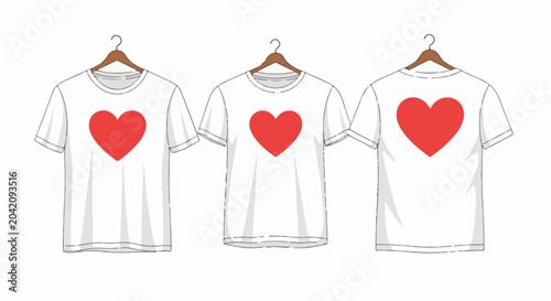 Three white t-shirts with red hearts are displayed on hangers