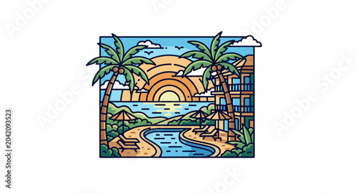 Tropical resort with pool, beach, palm trees, and ocean sunset