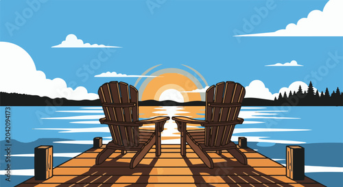 Two Adirondack chairs face a serene lake at sunset on a wooden dock