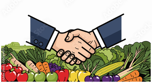 Two hands shake over a vibrant assortment of fresh produce