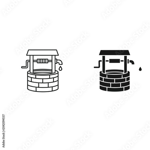 Wishing well icon set, outline and solid, white background