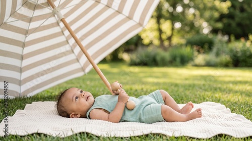 Baby lying on a blanket under a striped umbrella in summer grass  