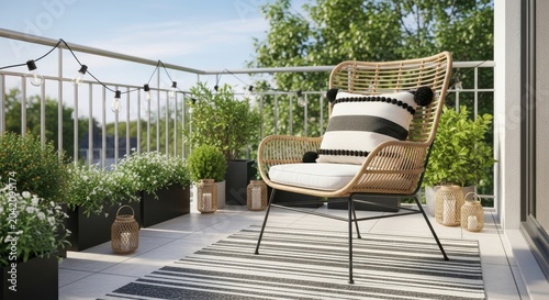 Cozy Balcony Retreat with Wicker Chair and Potted Plants