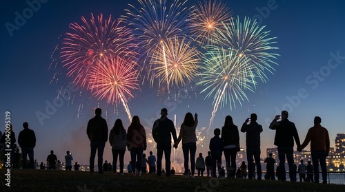 Group of people watching colorful fireworks display at night  