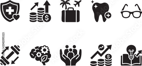 Employee Benefits Vector Icons For Corporate Compensation And Wellness Programs