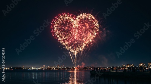 Heart-shaped fireworks display over calm water at night  