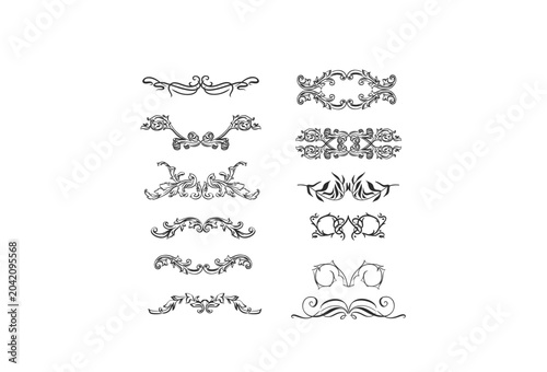 Hand drawn vector abstract outline,graphic,line vintage ornament art nouveau frame border and divider set in drawing elegant style.Elegant decoration vintage design isolated.Floral ornament border