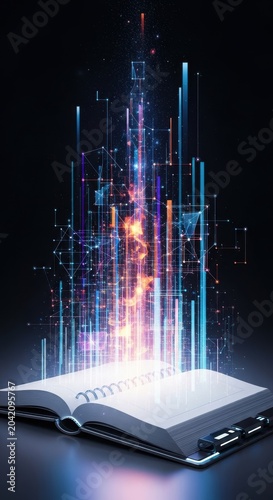 Digital Data Streams Rise from Open Book in Abstract Dark Space