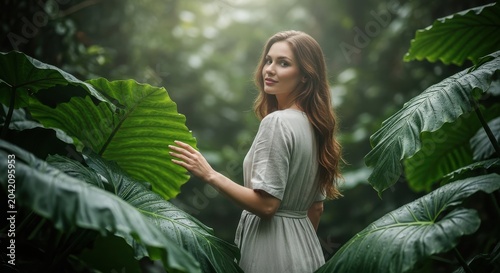 Young Woman Gazes in Lush Tropical Rainforest