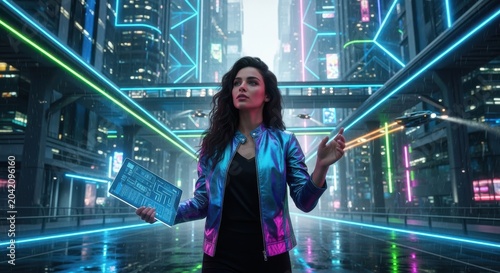 Woman Holding Tablet in Cyberpunk City Neon Lights