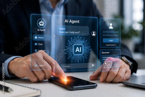 Businessman interacts with a holographic artificial intelligence interface displayed on his smartphone to manage advanced automated software systems for his daily professional tasks.